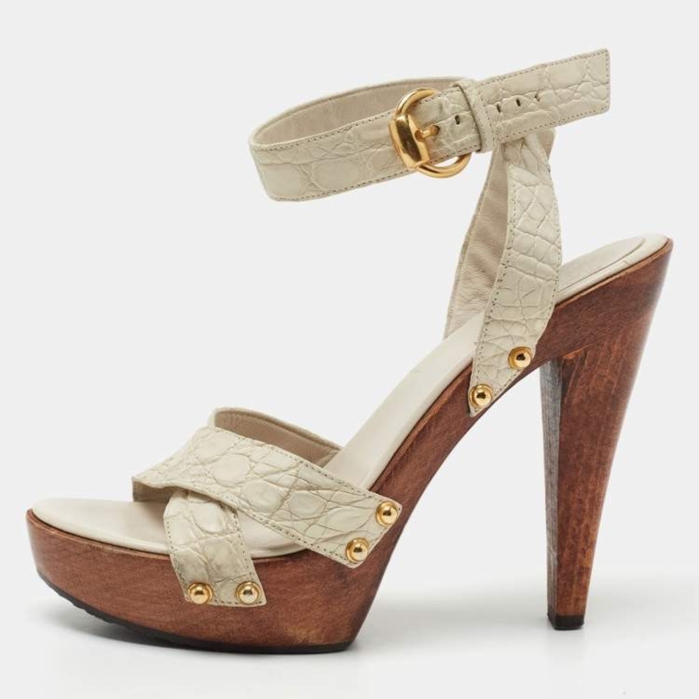 GUCCI Beige and Wooden Platform Heels with Ankle Strap size 6.5